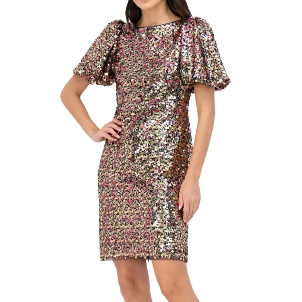 Eliza J Gold Multi Sequin Puff Sleeve Shift Dress NWT Size 6 Cocktail Party - Picture 8 of 9